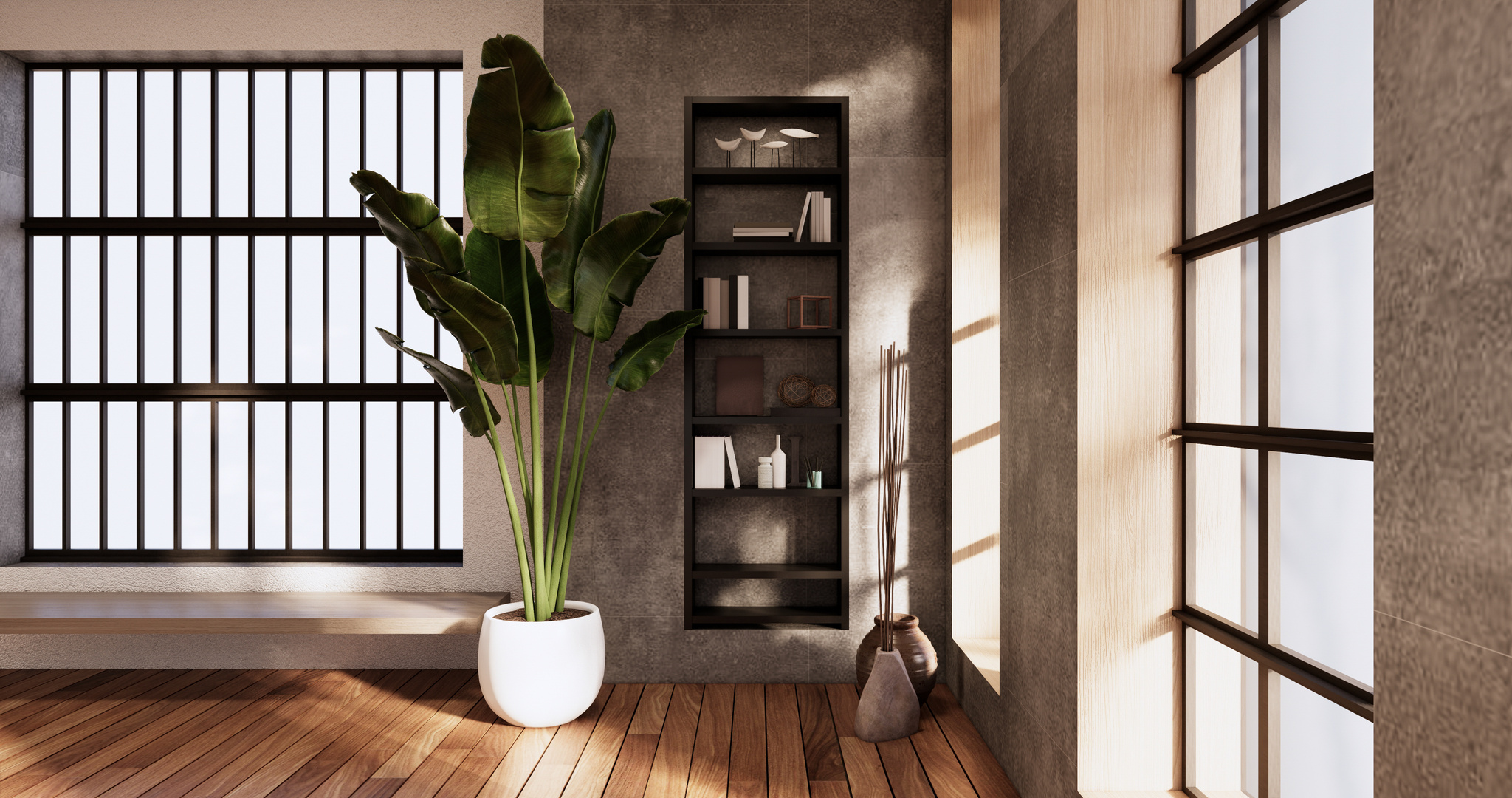 Cleaning empty room interior japandi wabi sabi style.3D renderin